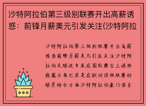 沙特阿拉伯第三级别联赛开出高薪诱惑：前锋月薪美元引发关注(沙特阿拉伯等级制度)