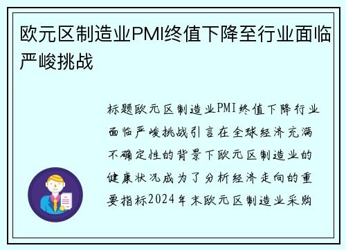 欧元区制造业PMI终值下降至行业面临严峻挑战
